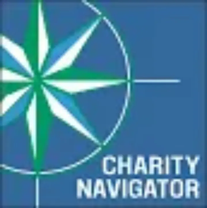 A blue and white compass rose with the words charity navigator underneath.