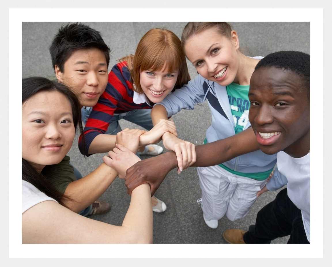 Smiling friends forming a huddle together