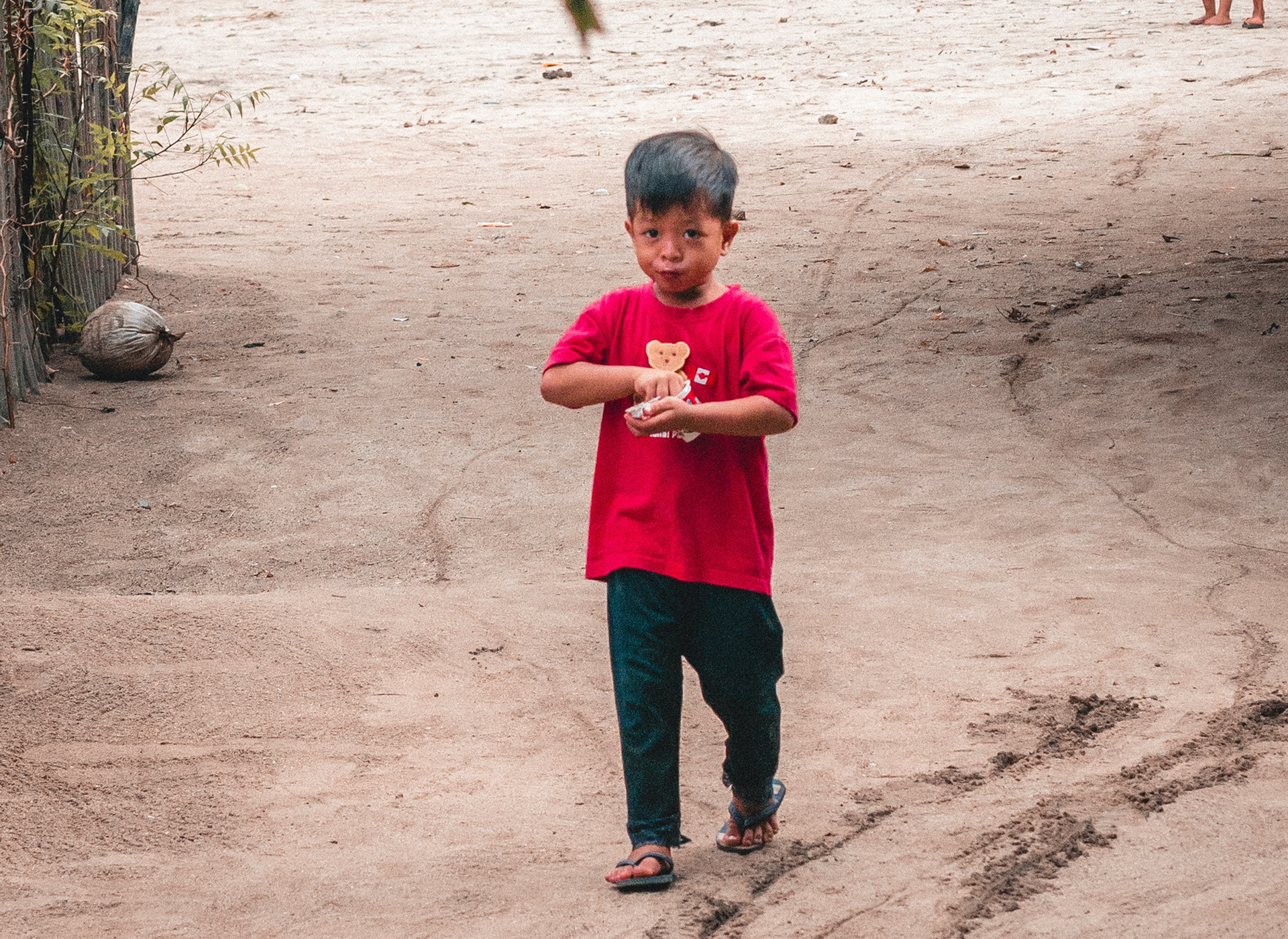 Young boy in red shirt outdoors